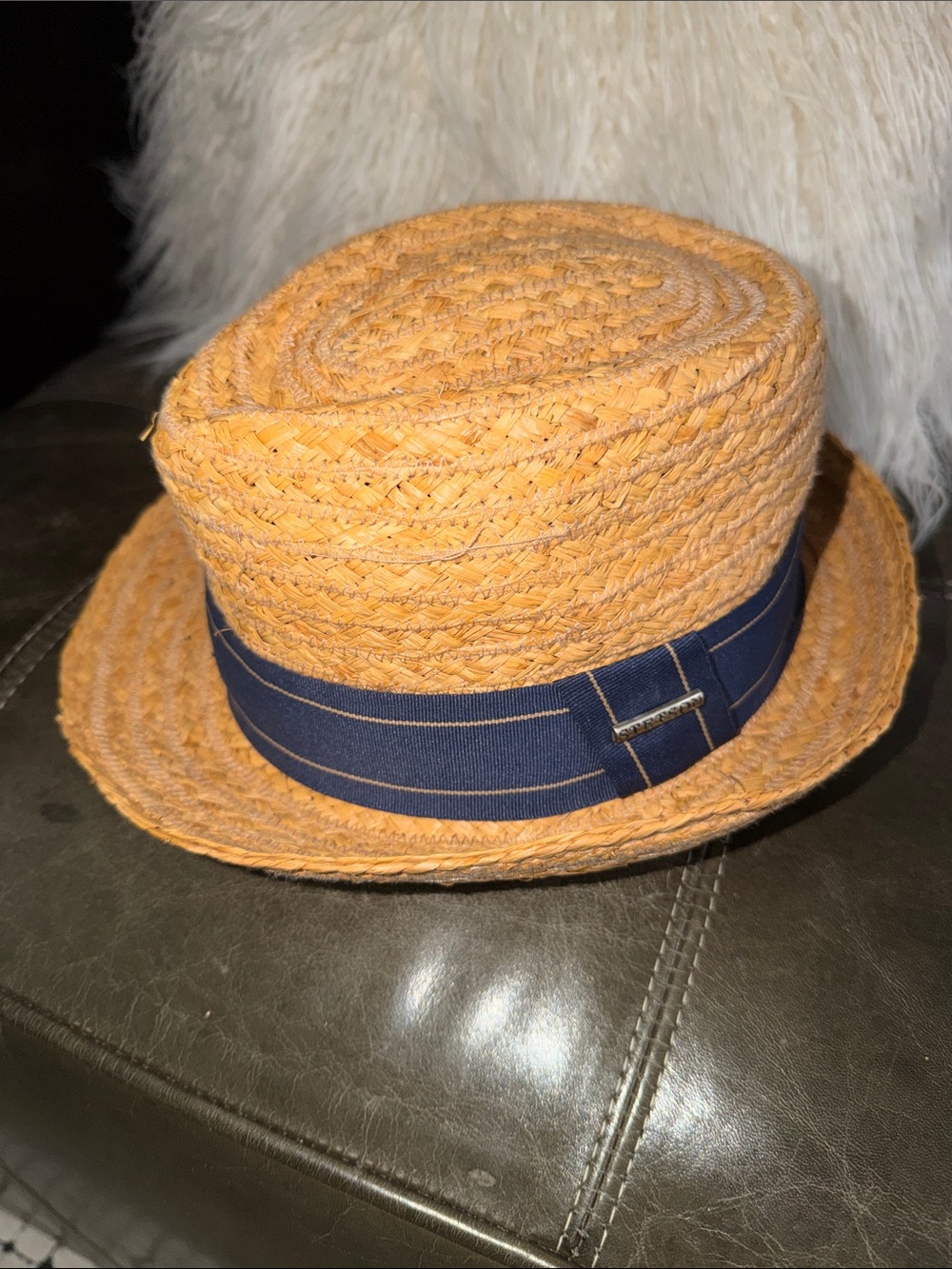 Stetson Orange Straw Pork Pie Hat with Navy Band